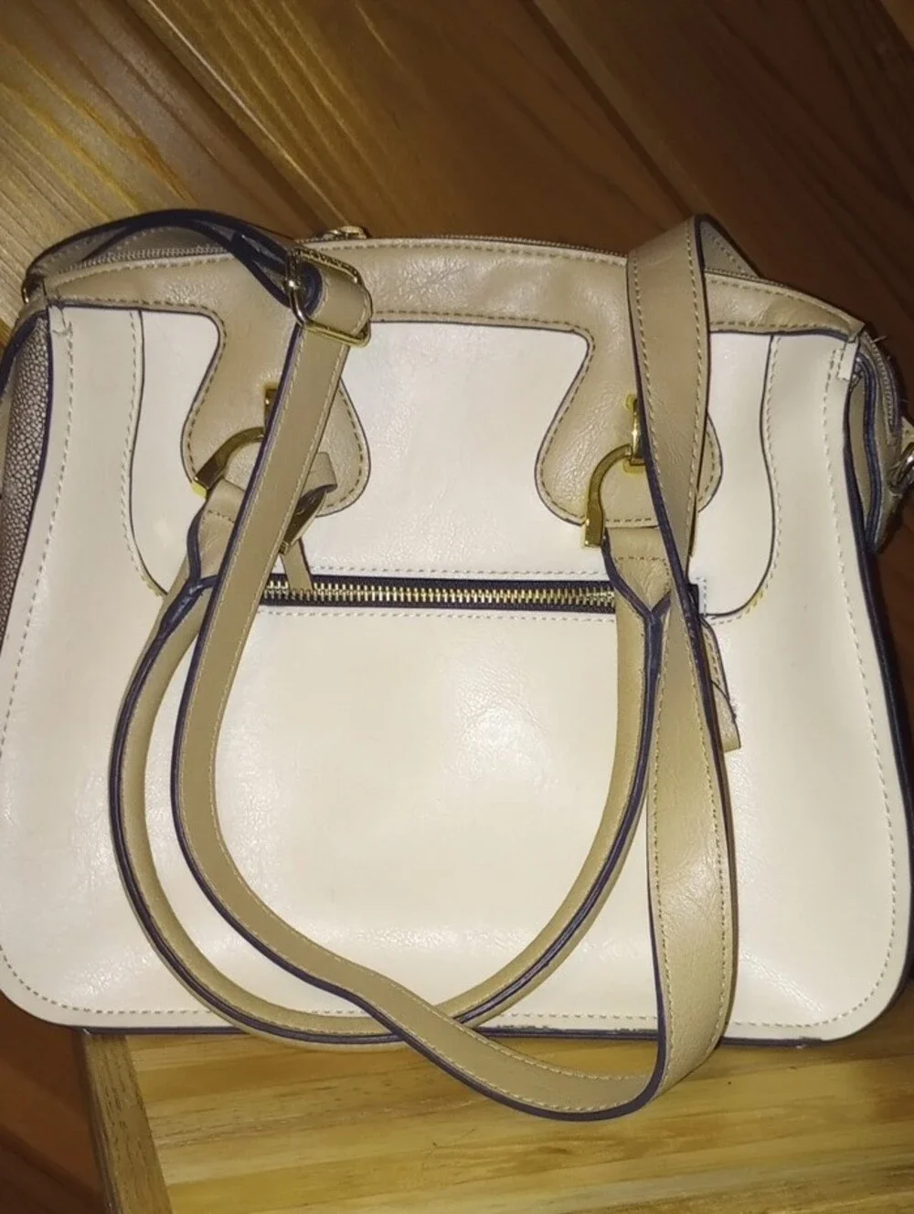 London Fog Cream and Tan Women’s Handbag with Gold Accents